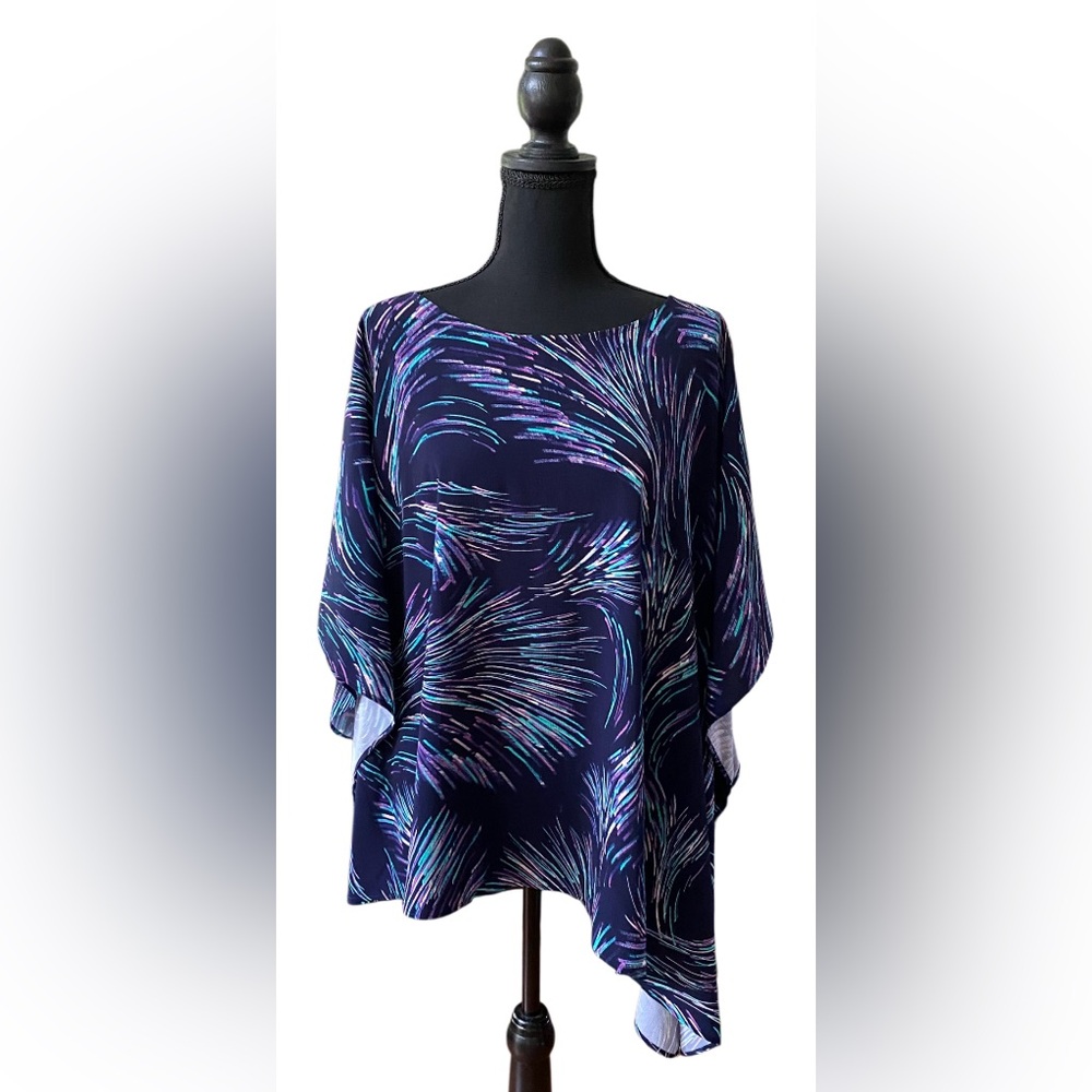 Chico’s: Elegant Multicolor Women's Asymmetrical Dolman Sleeve Loose Fit Top